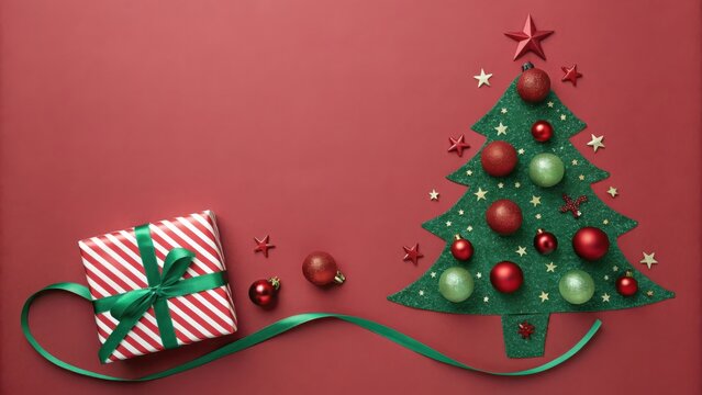 Festive christmas tree and gift box with ribbon on red background