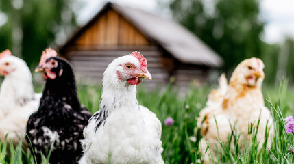Group of domestic chickens standing in tall grass, living free range in a rustic countryside environment with a wooden building