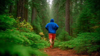 Man in blue hoodie and red shorts running along a lush green forest trail, embracing activity in misty nature