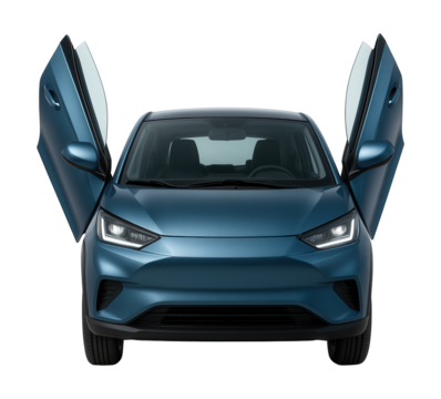 Compact vehicle featuring scissor doors and a sleek, modern design.