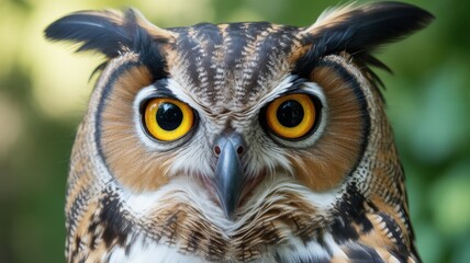 Close up of great horned owl face with bright yellow eyes and intense stare bird wildlife