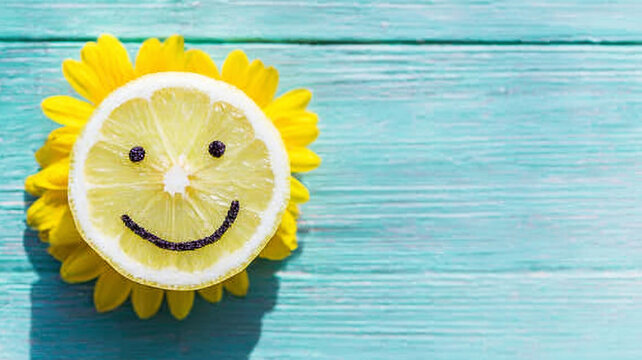 Lemon slice smile with flower petals forming a sun, symbolizing happiness, summer, and fresh energy on a blue background