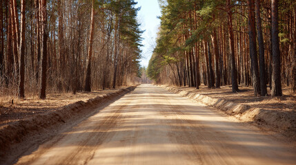Empty country dirt road stretching into the distance, lined by tall pine trees and bare winter woods, bathed in warm sunlight