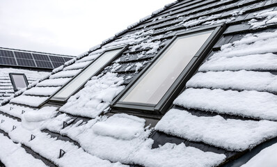 Rooftop with dormer and solar panels covered by snow