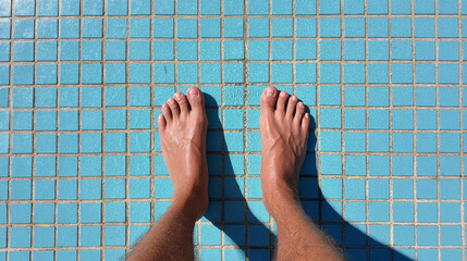 Bare feet standing on blue mosaic tiles with water droplets and shadows, reflecting summer and poolside relaxation