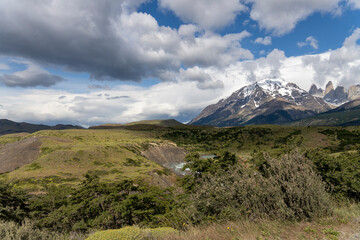 View of the mountain landscape in the national park Torres del Paine, Patagonia, Chile, South America