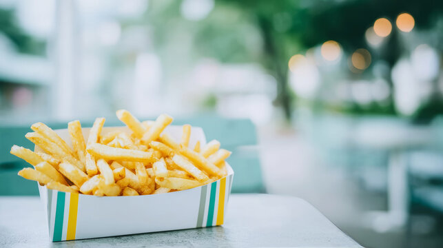 Golden french fries filling a striped paper box, resting on an outdoor table surface, offering a classic fast food snack