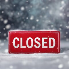 a red and white "Closed" sign hanging, snow falling in the background. 