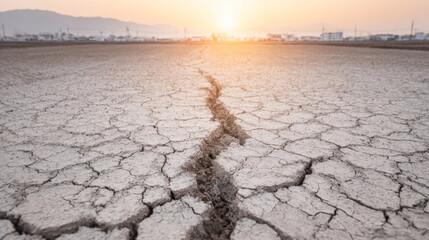 Cracked dry earth showing deep fissure during drought, symbolizing global warming and water scarcity at sunset