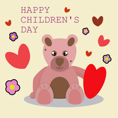 Vector illustration of a sitting teddy bear surrounded by hearts and small flowers. Inscription: 