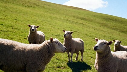 Fototapeta premium pastoral scene with flock of sheep standing on rolling grassy meadow