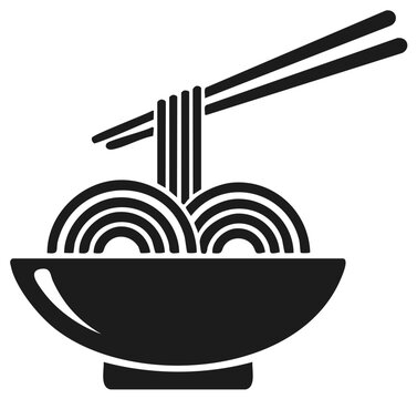 Minimalist black icon of oriental noodles in a serving bowl with chopsticks asian food concept