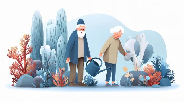 An elderly couple tending to a garden, with a focus on nurturing plants amidst a colorful, vibrant landscape. - Powered by Adobe