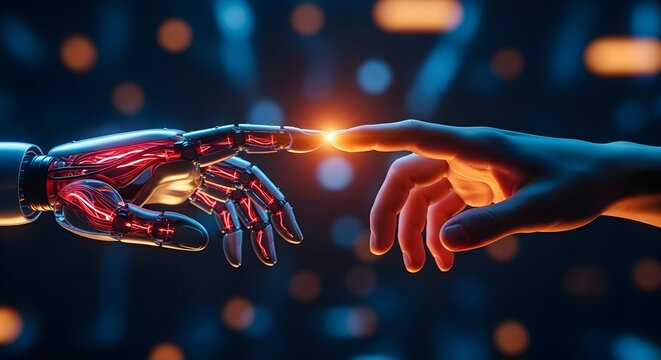 Human and robotic hands reaching out to touch symbolizing the connection and collaboration between artificial intelligence and humanity in a futuristic digital world
