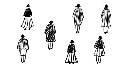 Black and White Sketch Illustration of People from Behind Wearing Coats and Hats, Hand-Drawn, Isolated on transparent Background
