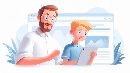 A joyful man and boy engaging with a tablet while learning together.