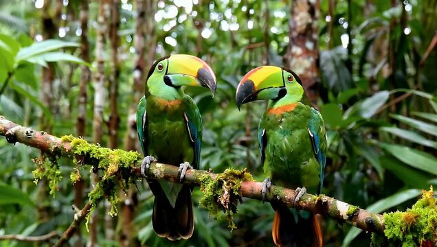 Two vibrant parrots perched on a branch in a lush forest environment