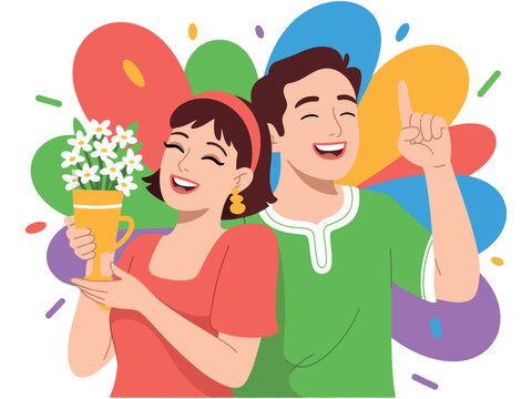 A joyful couple celebrates a shared moment of success and happiness with flowers.