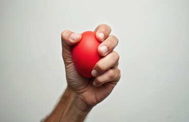 Obraz premium Hand squeezing red rubber stress ball on white background. Male fist holding, squashing soft heart shape object. Stress relief, relaxation concept. Anxiety, tension management. Hand therapy, wellness.