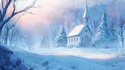 anime background art small church in snowy winter landscape, fog and soft morning light, minimalist composition, spiritual Christmas feeling