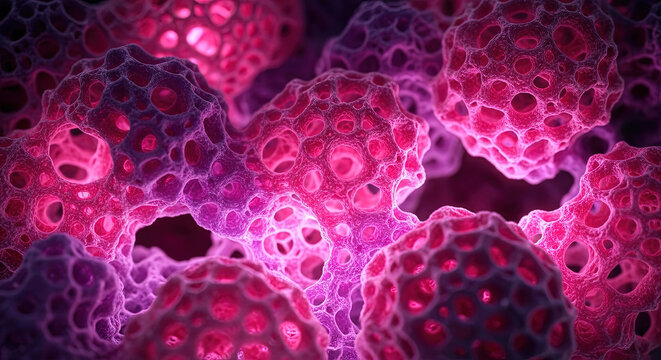 Close up visualization of complex diseased human cells or microorganisms in a vivid pink and purple abstract microscopic environment illness concept