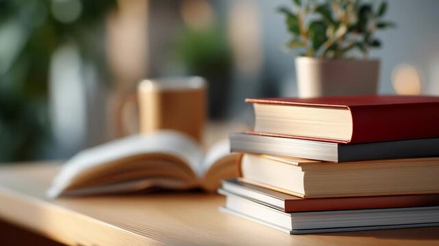 A stack of books on a table with a cup of coffee next to them. The books are red and white and the coffee is in a brown mug. Concept of relaxation and leisure