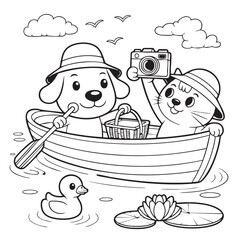 Obraz premium Cartoon dog and cat in a boat with a duck and water lily Keywords: dog, cat, boat, canoe, paddle, water, river, lake, duck, duckling, water lily, flower, nature, animals, pets, friends, cartoon