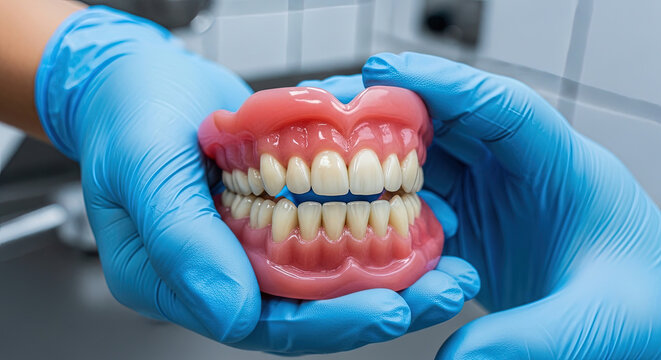 Dental professional holding full set of artificial dentures demonstrating upper and lower jaw models with false teeth worn on gums close up view in lab background