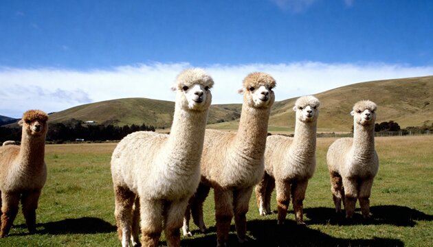peaceful farm landscape with alpacas grazing in sunny meadow