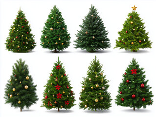 Christmas tree collection with festive decoration on white
