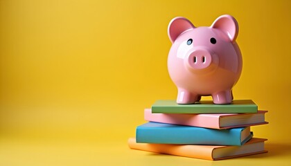 Pink piggy bank sits on colorful stacked books. Image represents saving money for education, future financial goals. Promotes learning fiscal responsibility, wise investments for personal wealth