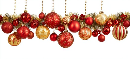 Red and gold Christmas ornaments hanging with garland