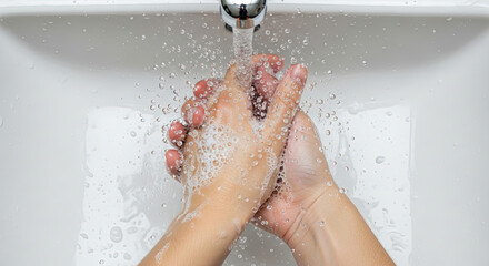 High angle view person carefully washing hands under running tap water with soap lathering up foam in white porcelain sink illustrating importance of hygiene and sanitation