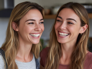 Happy twin sisters laughing sharing a moment