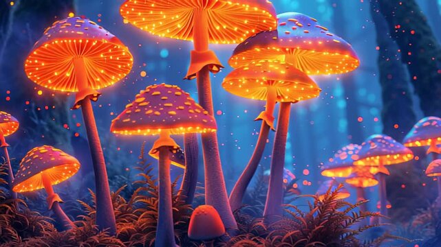 Glowing mushroom fantasy forest with magical bioluminescent fungi in enchanted night scene