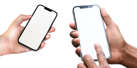 PNG image of Two hands holding smartphones with blank white screens for app promotion or mobile advertising mockups showcasing modern technology and user interface design on transparent background