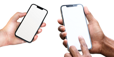 PNG image of Two hands holding smartphones with blank white screens for app promotion or mobile advertising mockups showcasing modern technology and user interface design on transparent background