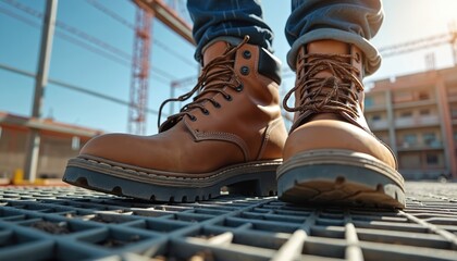 Close up photo shows worker boots on building site. Brown leather work boots stand on grid floor. Blue jeans and legs of a worker are visible.