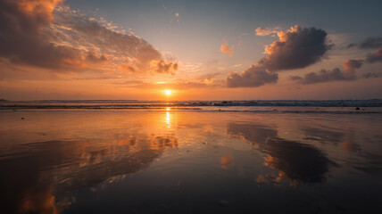 Fototapeta premium Peaceful Sunset Beach Scene With Dramatic Orange Clouds Reflecting In Wet Sand Creating Perfect Mirror Effect
