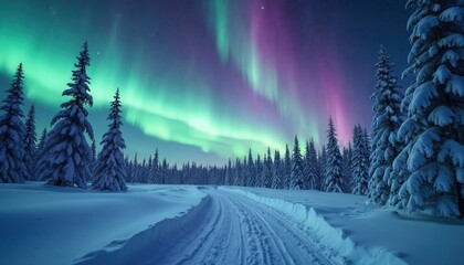 Snowy road through forest under vibrant aurora borealis display. Green, purple lights illuminate night sky. Snow-covered trees line path. Winter landscape scenery in northern hemisphere. Natural