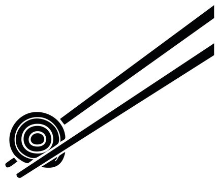 Minimalist vector illustration of chopsticks gripping a delicious sushi maki roll