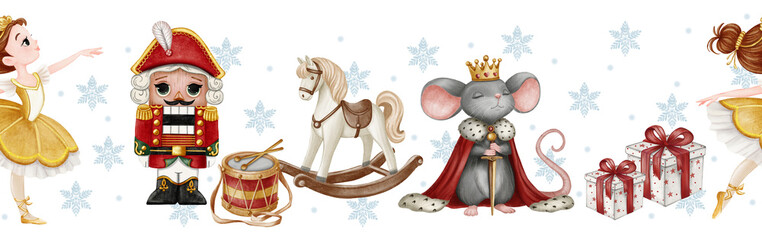 Seamless border featuring the Nutcracker, a ballerina, a rocking horse, the Mouse King, a drum, and gifts against a backdrop of snowflakes. Perfect for Christmas decorations and festive stationery. © Marina