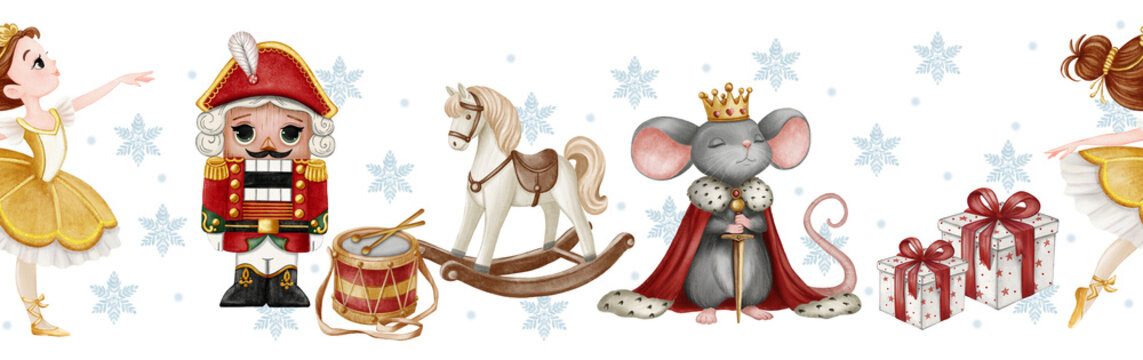 Seamless border featuring the Nutcracker, a ballerina, a rocking horse, the Mouse King, a drum, and gifts against a backdrop of snowflakes. Perfect for Christmas decorations and festive stationery.
