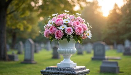 Pink roses and white daisies floral arrangement in vase placed at cemetery. Flowers adorn gravesite evoking feelings of remembrance love loss. Serene scene represents memorial honoring those departed.