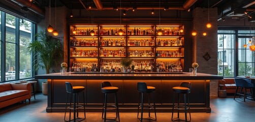 Elegant bar counter with glowing shelves full of spirits. Modern interior with plush seating. Ready for cocktails and nightlife. Sophisticated ambiance for drinks.