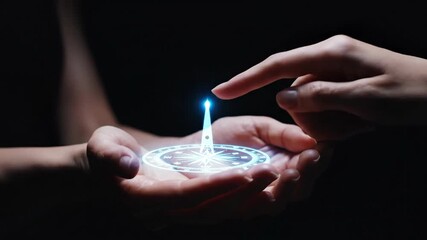 Womans hands activating holographic compass. Magical navigation sequence from glowing circle to guiding light beam. Digital exploration and direction concept. - Powered by Adobe