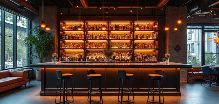 Elegant bar counter with glowing shelves full of spirits. Modern interior with plush seating. Ready for cocktails and nightlife. Sophisticated ambiance for drinks.