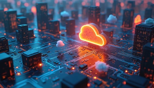 Glowing cloud icon floats over digital city. Circuit board base suggests tech infrastructure, AI, and smart city concepts. Data flow network appears illuminated.