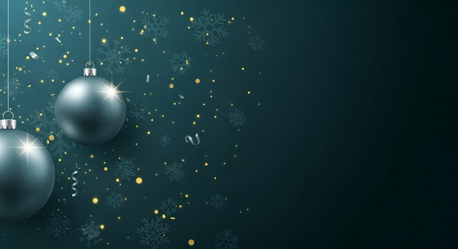 Two elegant silver Christmas baubles hanging with golden confetti and snowflakes on a dark festive background