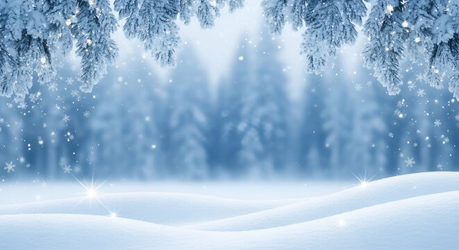 Dreamy winter landscape with snow covered fir branches framing a blue forest background
